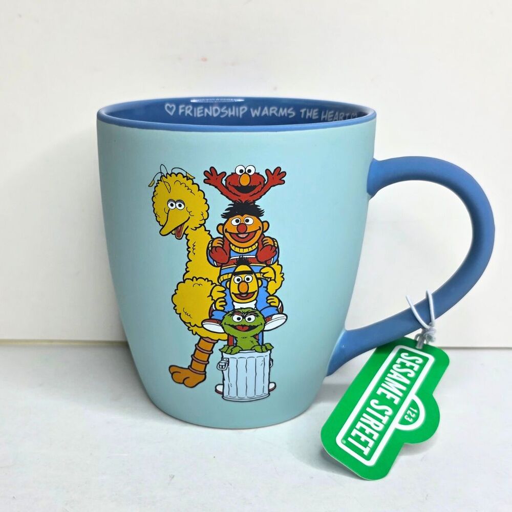 Sesame Street Big Bird Bert Ernie Oscar Elmo Friendship Warms The Heart Blue Mug